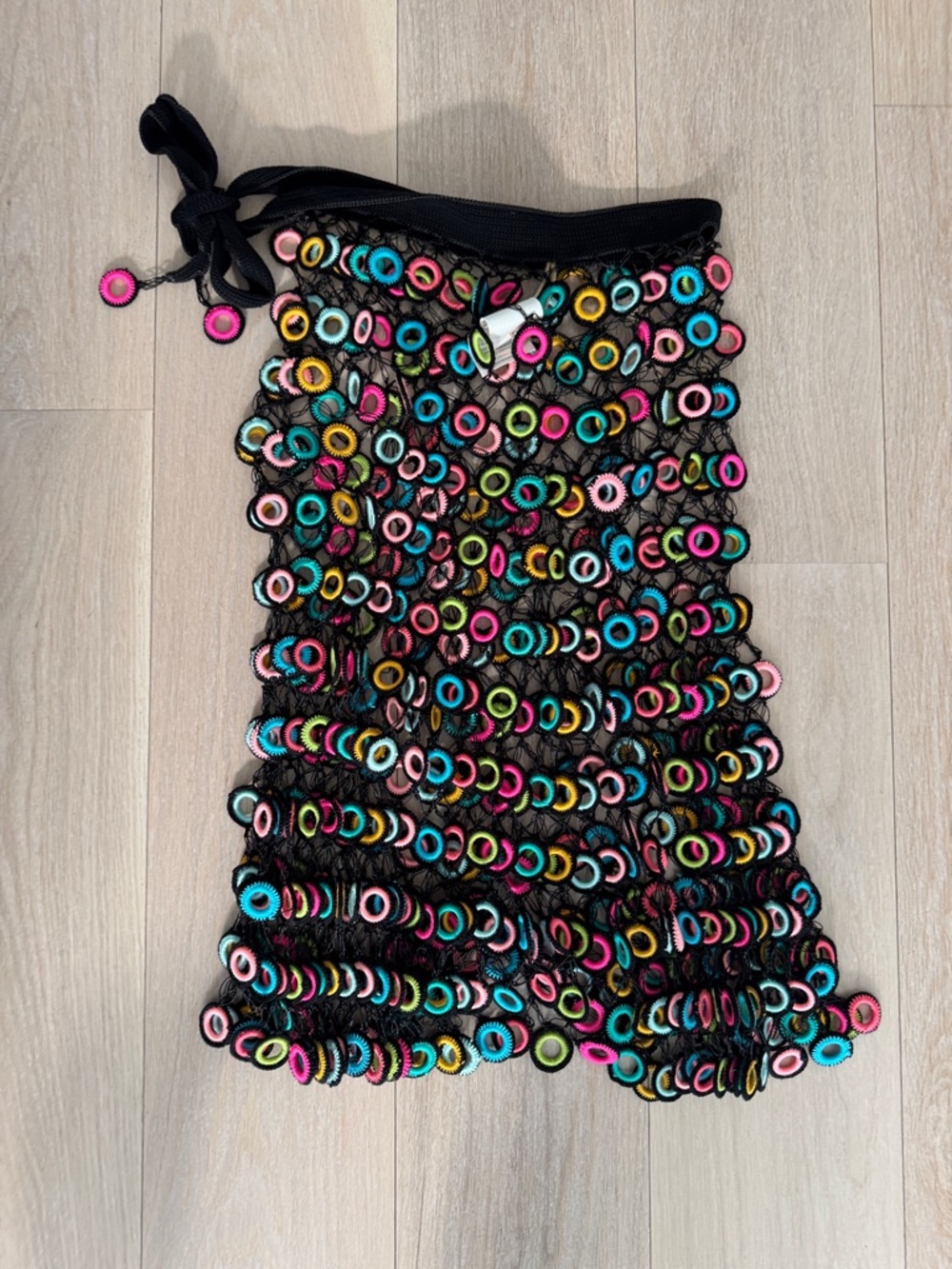 Handmade Black Crochet Mini Skirt with Multicolor Ring Accents
